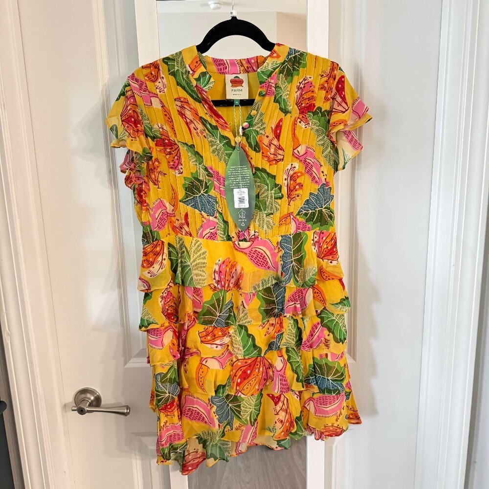 FARM Rio Tropical Leaf Print Ruffle Mini Dress Medium Short Sleeve Tiered